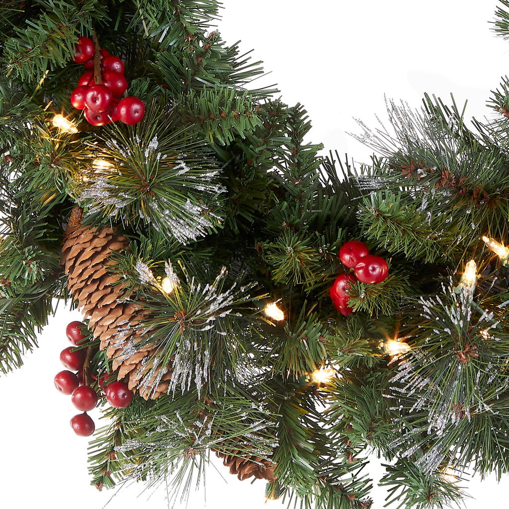 National Tree Company Pre-Lit Artificial Christmas Wreath, Green, Crestwood Spruce, White Lights, Decorated with Pine Cones, Berry Clusters, Christmas Collection, 24 Inches