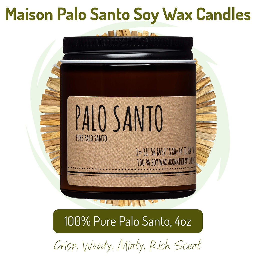 Maison Palo Santo | Pure Palo Santo Candle | Essential Oil Aromatherapy Candle | 4oz Soy Wax Palo Santo Scented Candle | Palo Santo from Ecuador | Purification & Cleansing Candle |Free Palo Santo