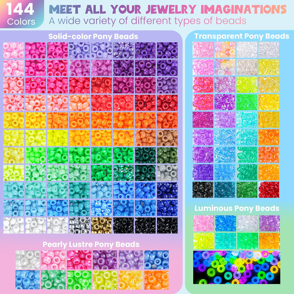 Gionlion 7 Boxes Pony Beads Bracelet Making Kit, 144 Colors 6x9mm Kandi Rave Beads, Friendship Bracelet Kit with 800Pcs Letter Bead for DIY Jewelry, Keychains, Arts and Crafts for Girls Kids Gifts
