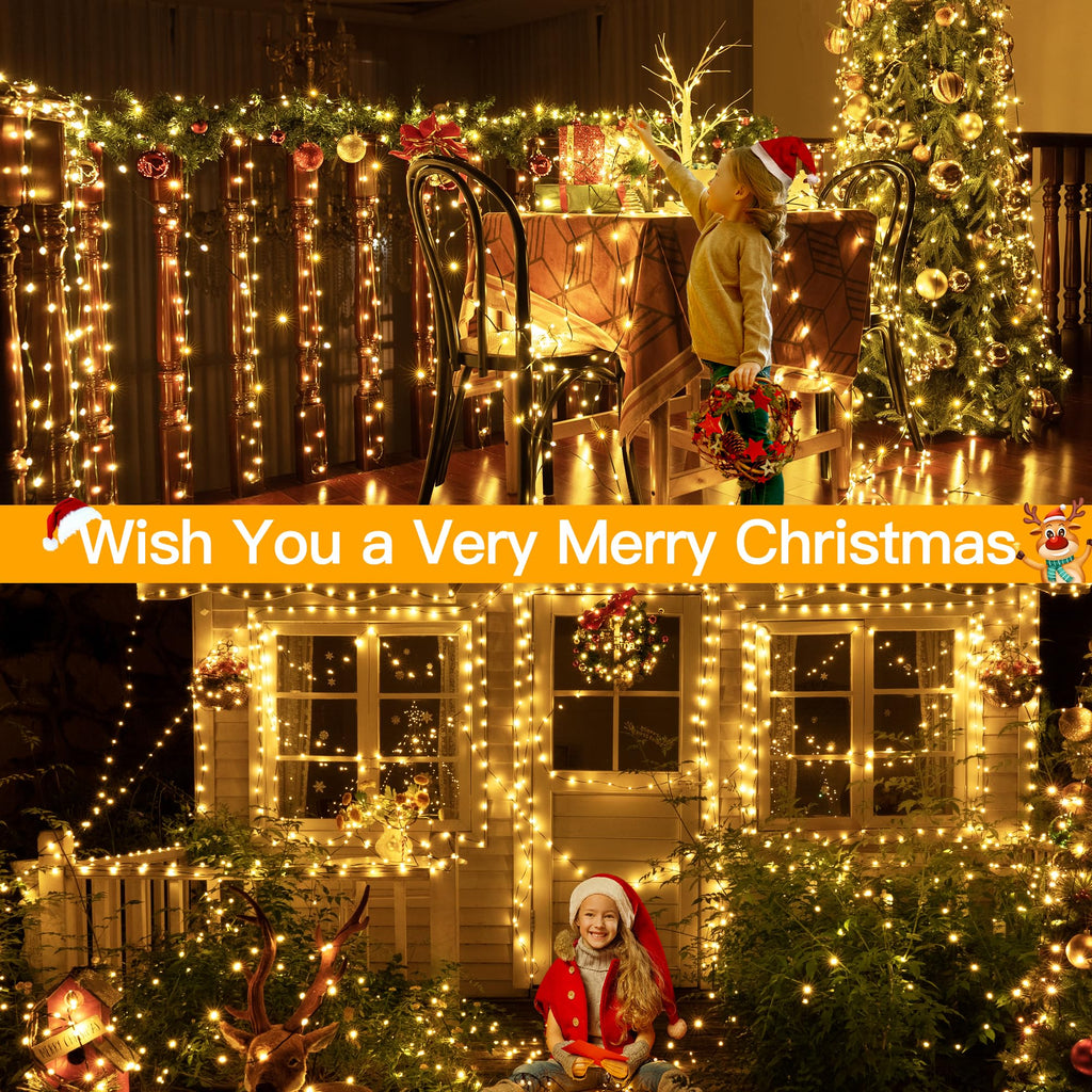 Ollny Christmas Lights 800 LED 262 FT Plug in, IP67 Waterproof Green Wire Outdoor Christmas Lights with Remote, 8 Modes and Timer Christmas Tree Lights for House Indoor Xmas Decorations (Warm White)