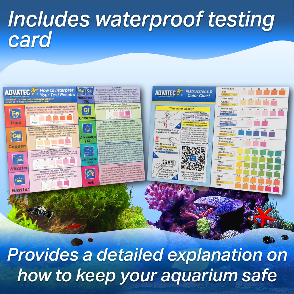 9 in 1 Aquarium Test Strips - For Fresh & Saltwater Aquariums, TEST FOR: Iron, Copper, Nitrate, Nitrite, Chlorine, Total Hardness, Total Alkalinity, Carbonate, pH - Fast LAB GRADE Results! (100 Count)