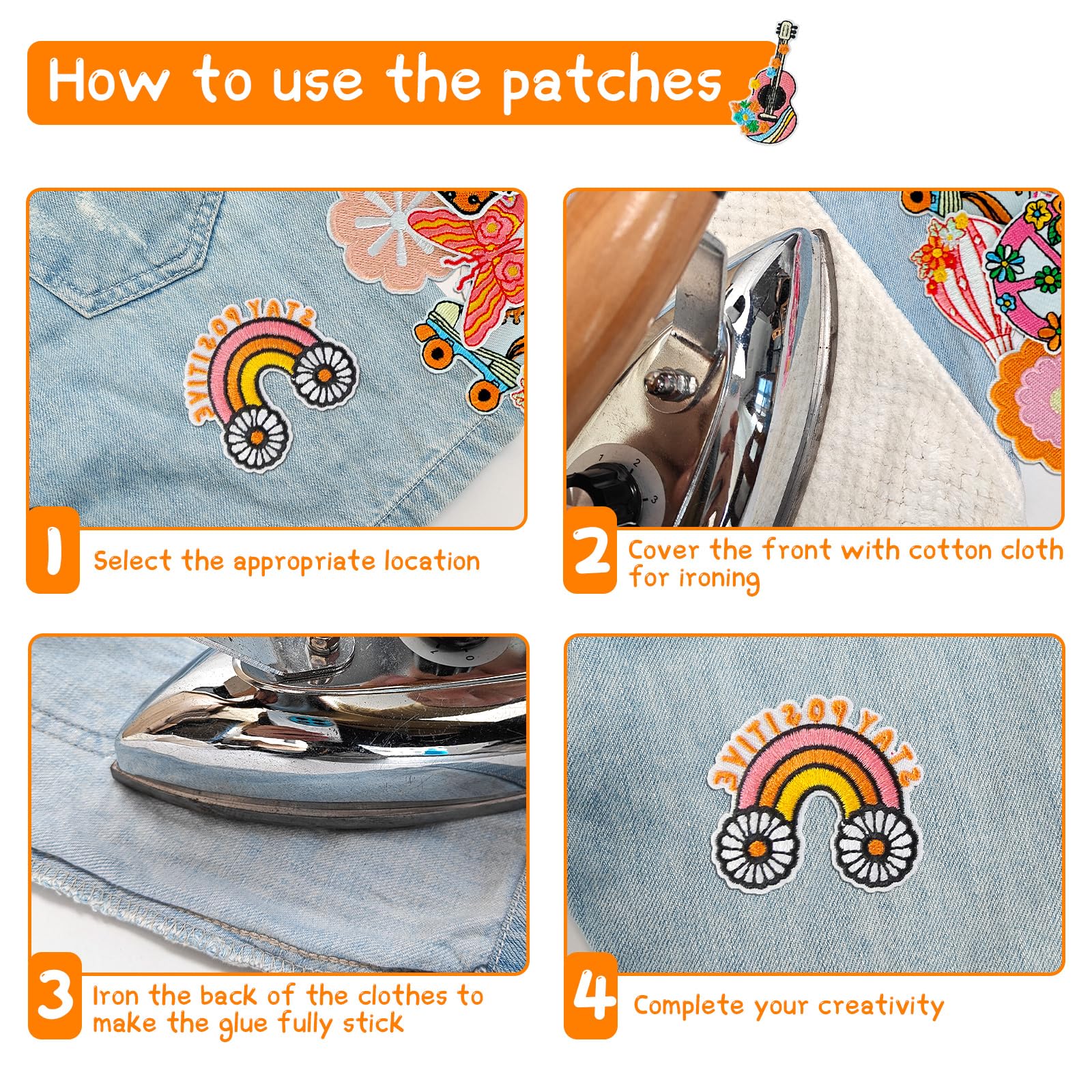 RF-patch 48Pcs Hippie Iron on Patches for Girl, Embroidered Boho Iron on/Sew on Patch for Clothes, Hats, Jeans, Dress, Backpacks, Etc