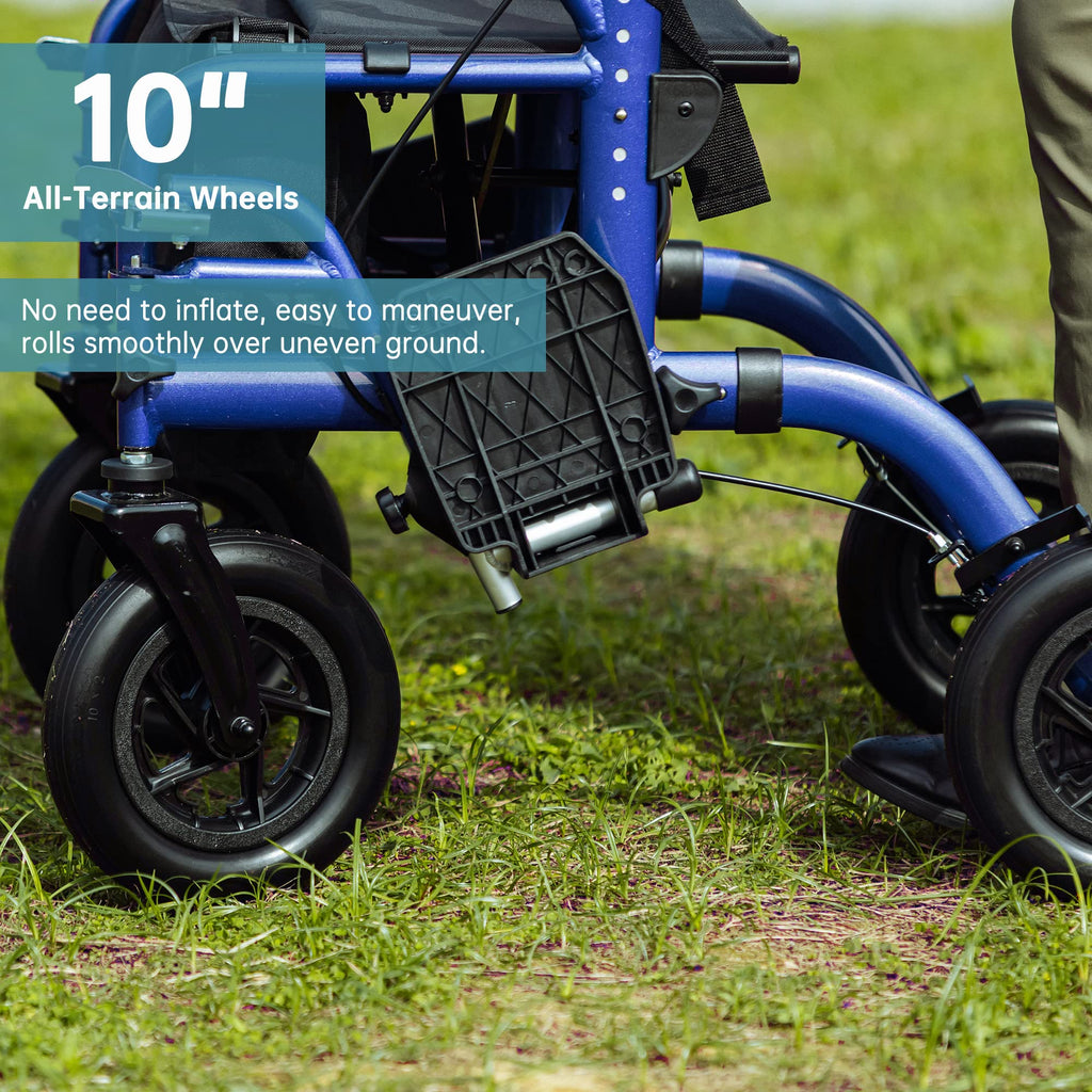 ELENKER All-Terrain 2 in 1 Rollator Walker & Transport Chair, Folding Wheelchair with All 10” Wheels for Seniors, Reversible Backrest & Detachable Footrests (Blue)