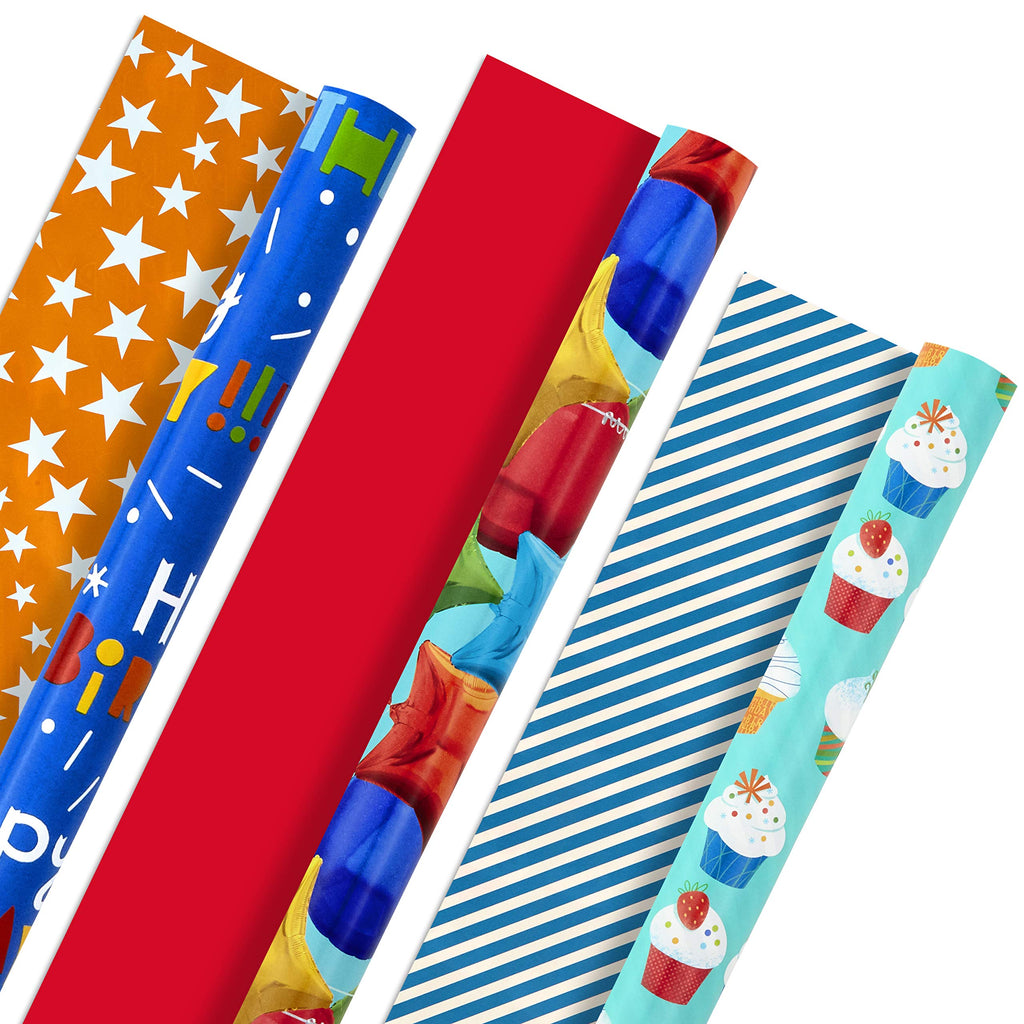 Hallmark Birthday Wrapping Paper Rolls - Balloons, Stars, Cupcakes, Blue Stripes, Solid Red Gift Wrap Paper (Set of 3 Reversible Rolls: 75 sq. ft. ttl.)