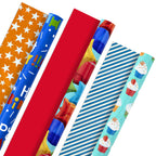 Hallmark Birthday Wrapping Paper Rolls - Balloons, Stars, Cupcakes, Blue Stripes, Solid Red Gift Wrap Paper (Set of 3 Reversible Rolls: 75 sq. ft. ttl.)
