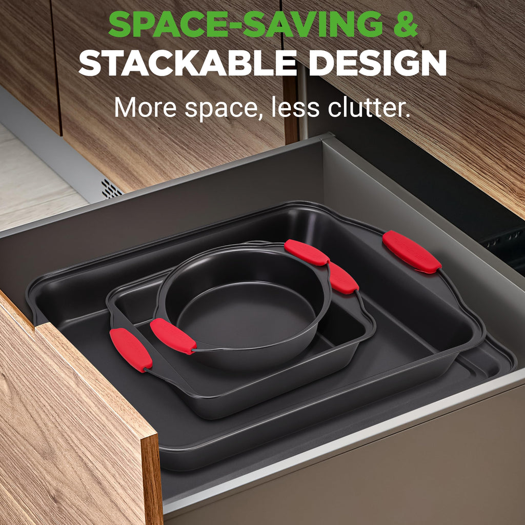 NutriChef Non-Stick Kitchen Oven Baking Pans-Deluxe & Stylish Nonstick Gray Coating Inside Outside, Commercial Grade Restaurant Quality Metal Bakeware with Red Silicone Handles NCSBS8S, 8 Piece Set