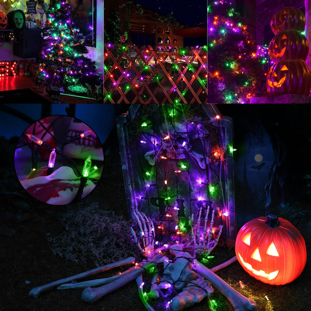 Halloween String Lights,33ft 100 LED Halloween Decorative Lights with 8 Modes & Timer, Waterproof Battery Indoor Mini Lights Orange String Lights for Halloween Decorations（Orange & Purple & Green)