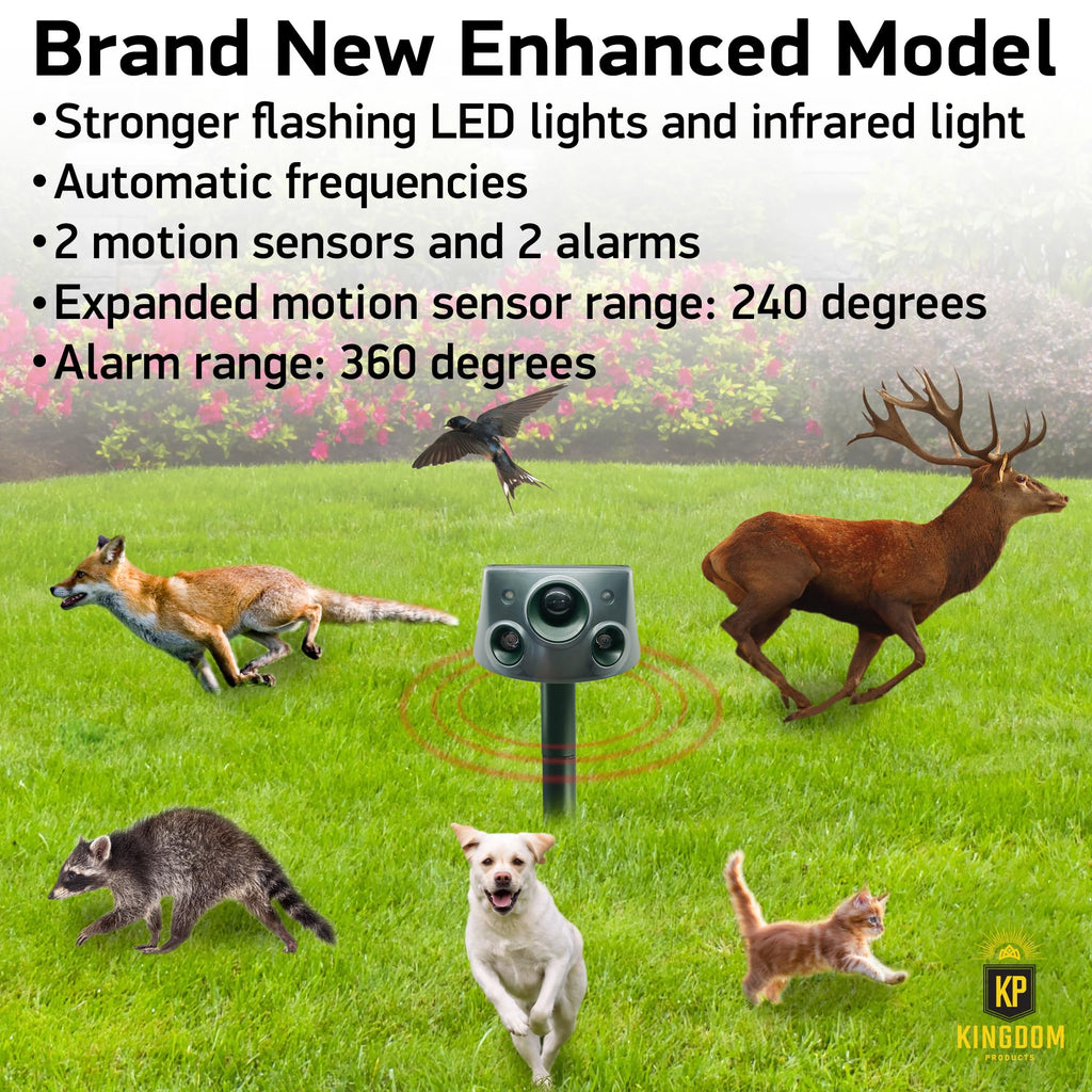 Latest 2024 Expanded Detection Range Solar Animal Repeller - Animal Repellent Outdoor with Automatic Frequencies, 2 Motion Sensors, 8 Stronger LED Lights, 2 Alarms at 360° and USB Cable