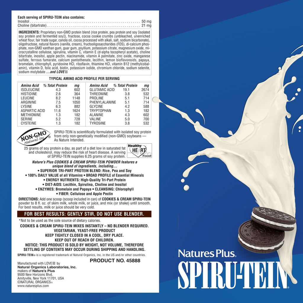 NaturesPlus SPIRU-TEIN Shake - Cookies & Cream - 2.3 lbs, Spirulina Protein Powder - Plant Based Meal Replacement, Vitamins & Minerals for Energy - Vegetarian - 30 Servings