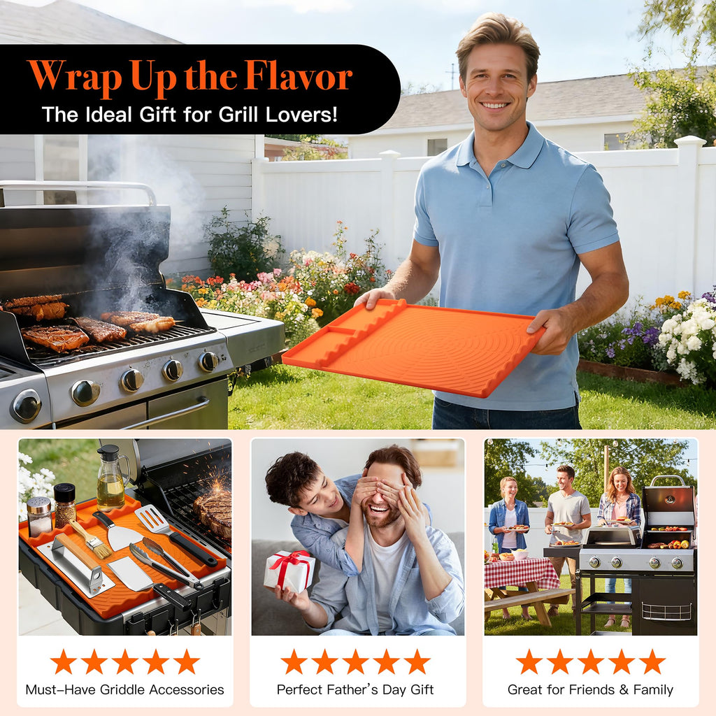 Silicone Grill Mat for Blackstone - BBQ Griddle Tools Side Mat with Drip Pad, Griddle Tools Mat for Outdoor Kitchen Countertop, BBQ Grill Accessories Gifts for Men (Gray-2Pack)