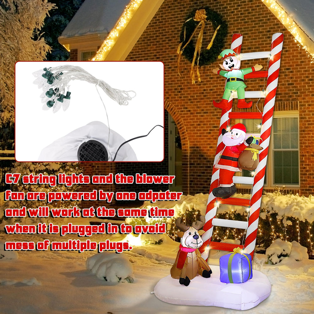 Joliyoou 10FT Christmas Inflatable Decorations, Giant Lighted Ladder Blowups Climbed with Elf, Reindeer, Santa, C7 String Lights for Xmas Winter Holiday Roofs Trees Balconies Decor