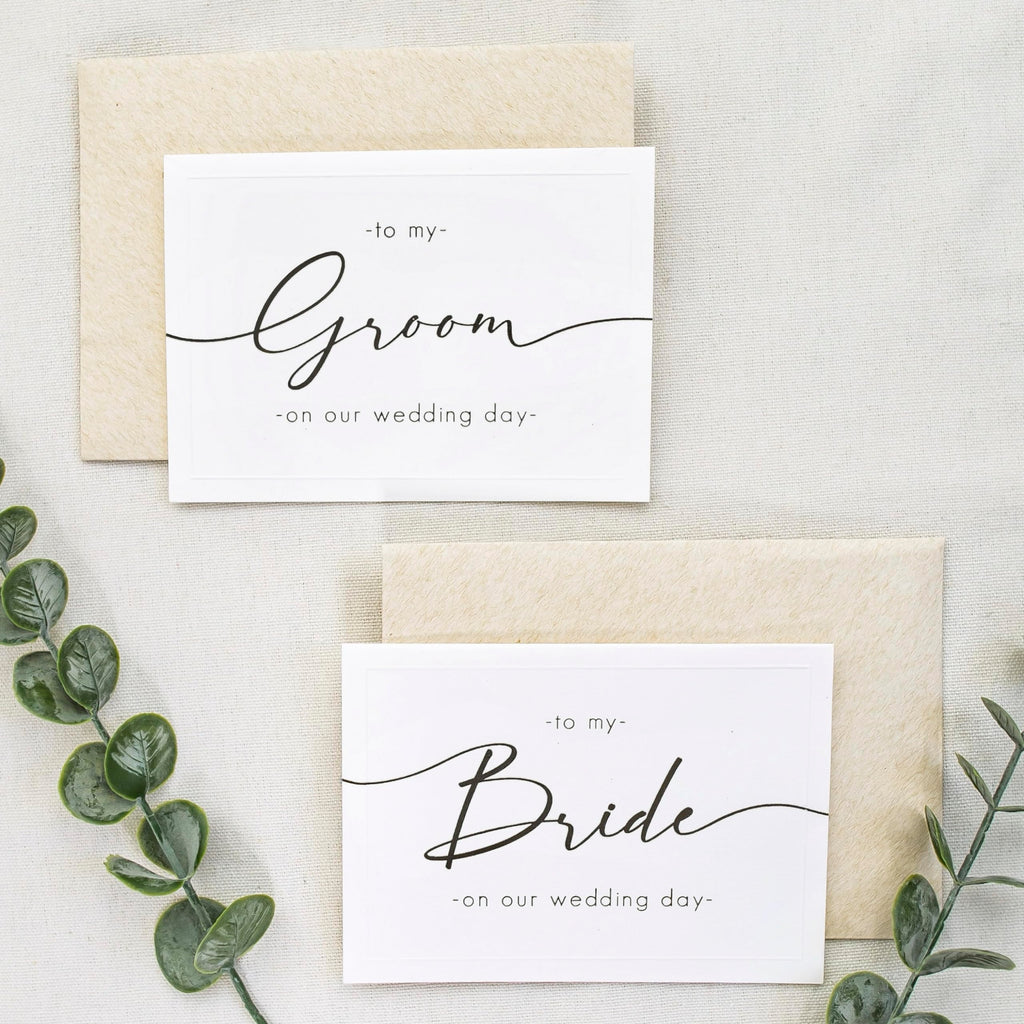 Shoppau Set of 2 Bride and Groom Wedding Day Cards - Linen Textured Cardstock - Elegant Script - 4.875" x 3.75" Folded - Embossed Border - Set of 2 Cardstock Beige Envelopes (Black Foil)