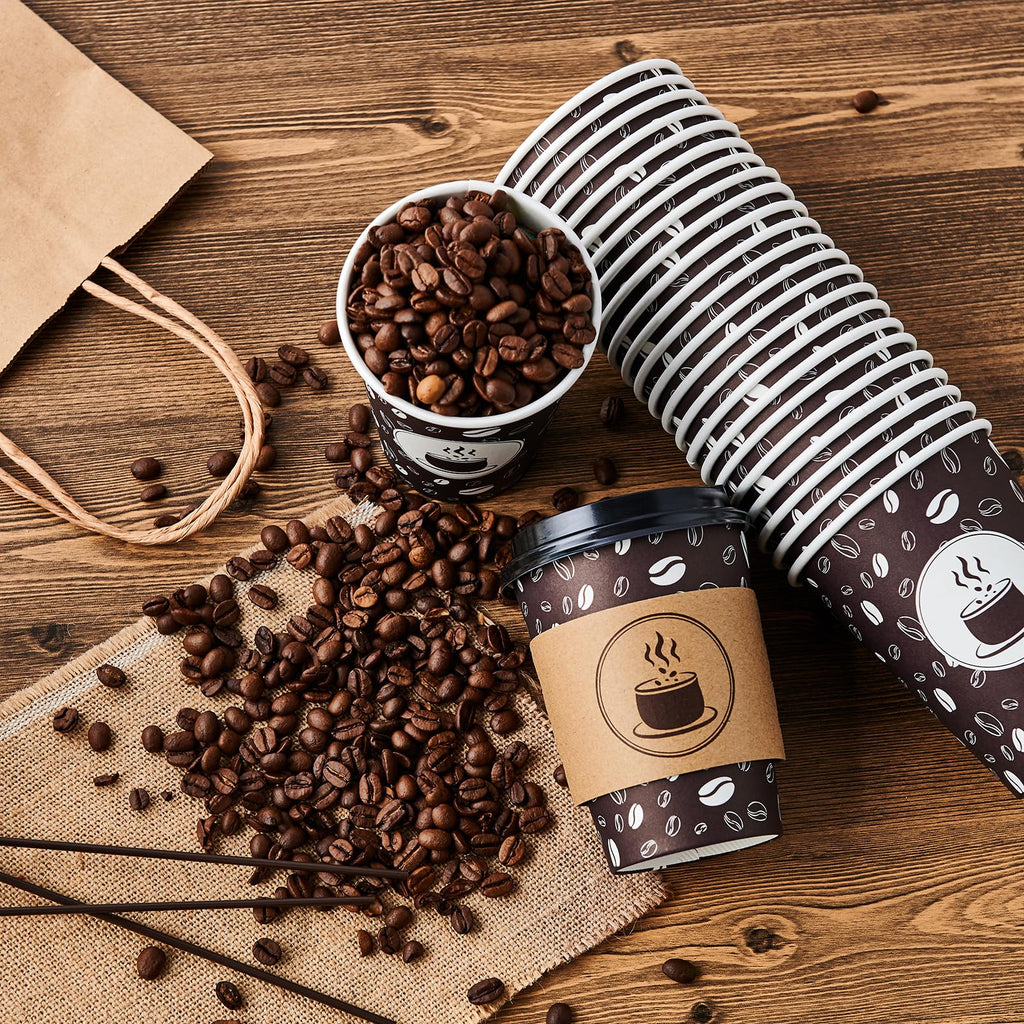JOLLY PARTY Disposable Coffee Cups with Lids, Sleeves and Straws - 12oz(100 Pack) Paper Coffee Cups with Lids, Durable, BPA Free Hot Coffee Cups for Shops, Cafes, and Concession Stands(Dark Brown)