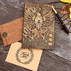 Vintage 3D Phoenix Embossed Leather Writing Journal with Golden Pen Set,A5,200Pages,Antique Handmade Daily Notepad Sketchbook,Travel Diary&Notebook to Write in,for Women Men (Red Bronze)