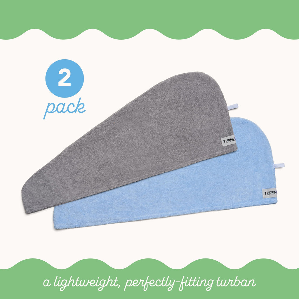 Turbie Twist Microfiber Hair Towel Wrap - for Women, Men & Kids - Travel & Bathroom Essential - Quick Dry Hair Turban for Curly, Long & Thick Hair - 2 Pack (Grey, Blue)