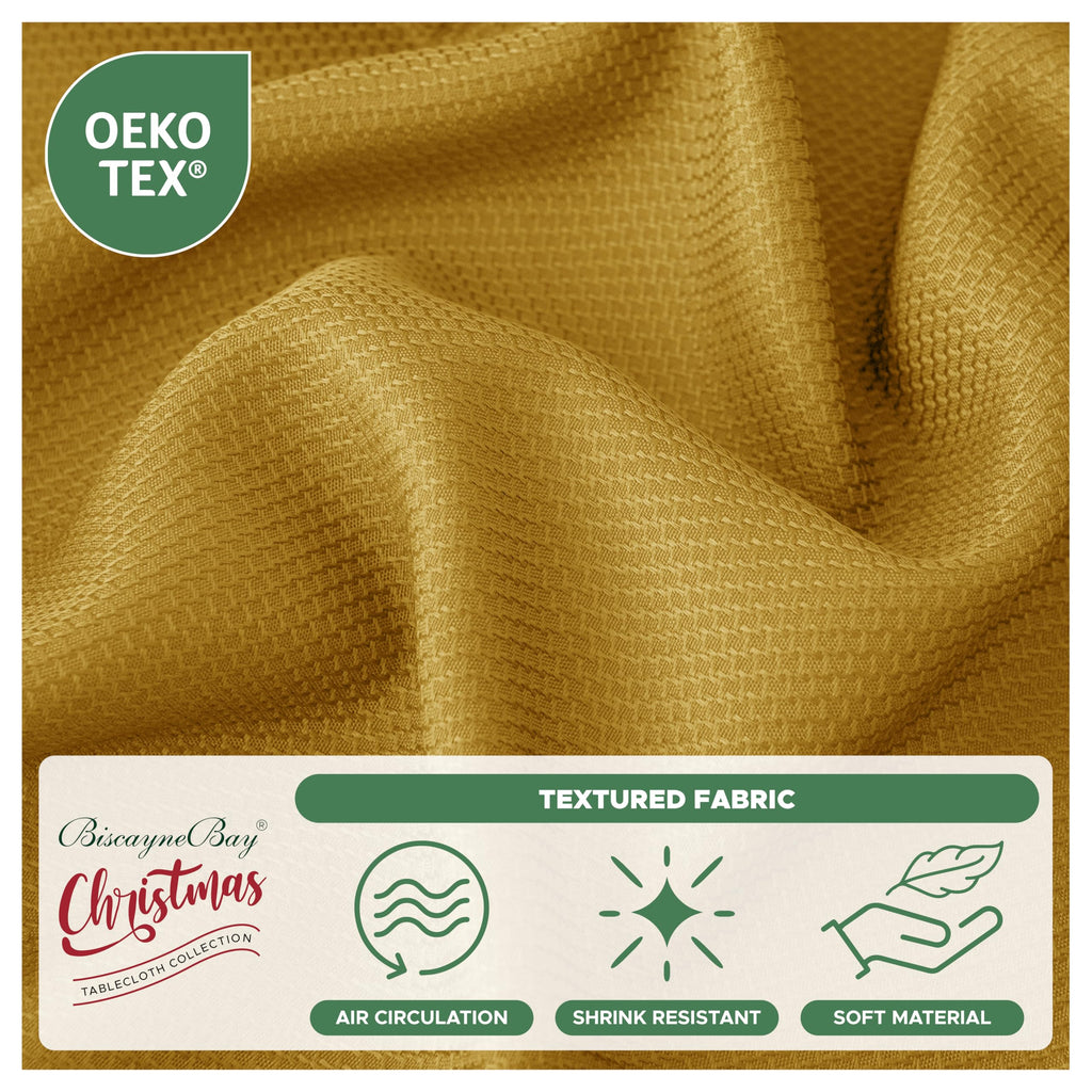 Biscaynebay Textured Fabric Round Christmas Tablecloths 70" for Tables Diameters from 30" to 48", Gold Water Resistant Tablecloths for Dining, Kitchen, Wedding, Parties etc. Machine Washable