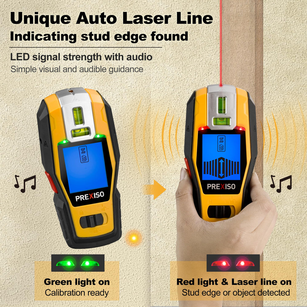 PREXISO 2-in-1 Stud Finder with Laser Level, Rechargeable Multi Surface Cross Line Laser & Wall Stud Scanners Tool for Hanging Frames & Picture, Wood Ac Wire Metal Studs Joist Pipe Detection