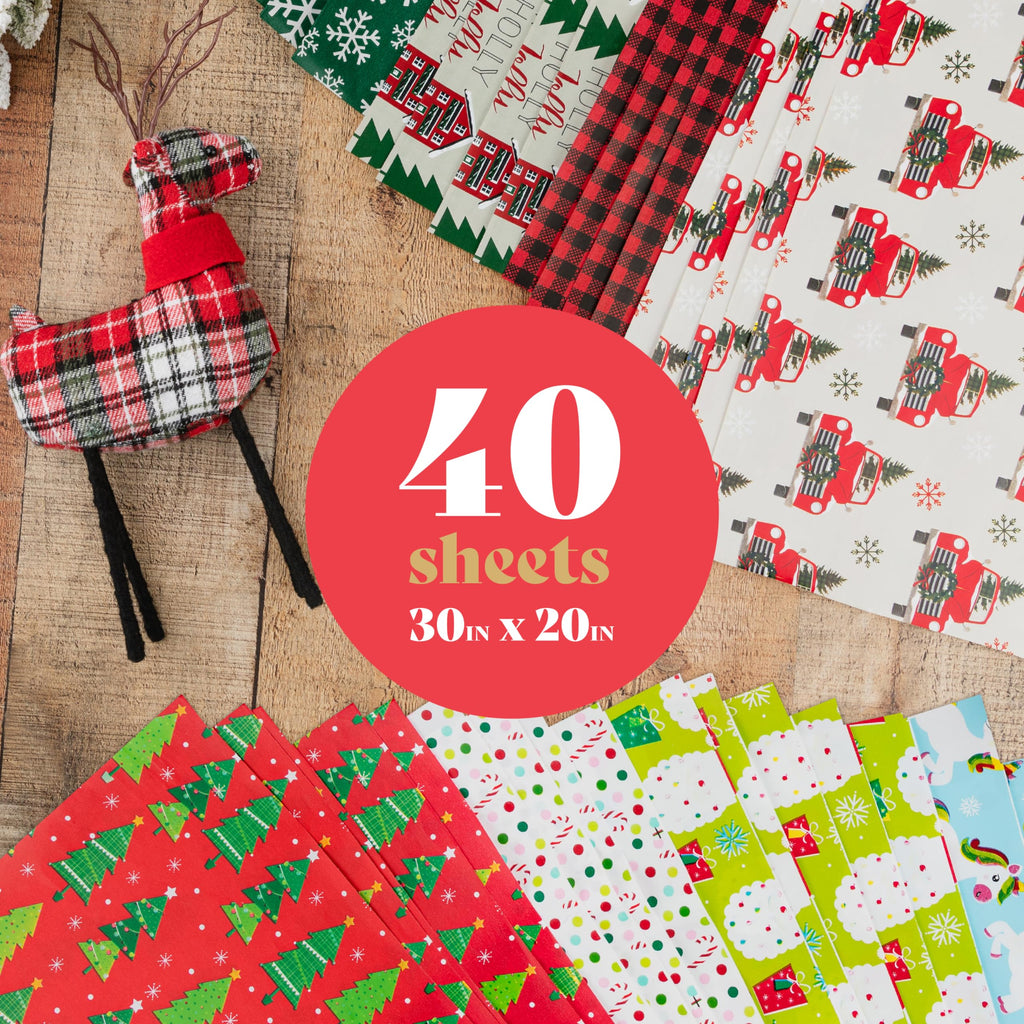 Christmas Wrapping Paper Sheets- 40 Precut Sheets Christmas Gift Wrap Paper- Christmas Paper Wrapping Sheets (30"x20")- 8 Unique Patterns of Holiday Wrapping Paper, 40 Sheets