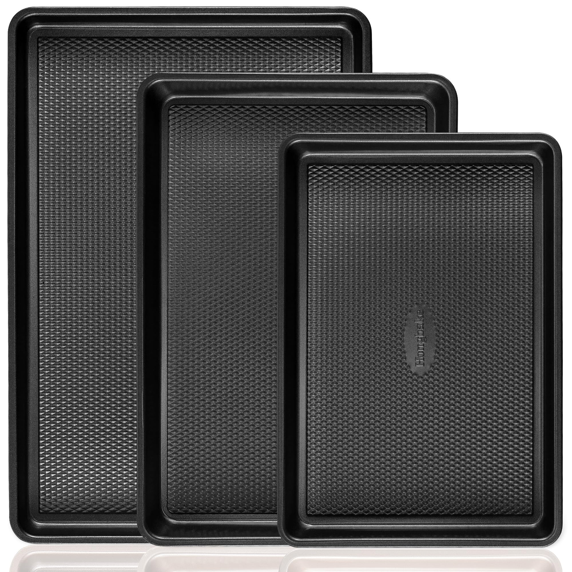 Cookie Sheets for Baking Nonstick - HONGBAKE Baking Sheet Pan Set of 3, Half/Quarter/Jelly Roll Pan for Oven with Diamond Texture Pattern, 57% Thicker Carbon Steel Cookie Trays, Dark Grey