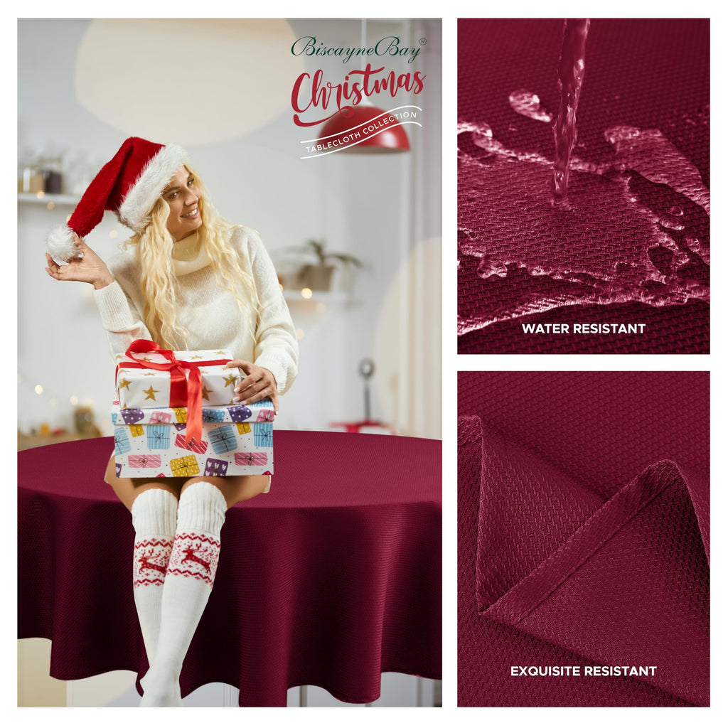 Biscaynebay Textured Fabric Christmas Tablecloths Round 70", Burgundy Water Resistant Tablecloths for Dining, Kitchen, Wedding, Parties etc Machine Washable