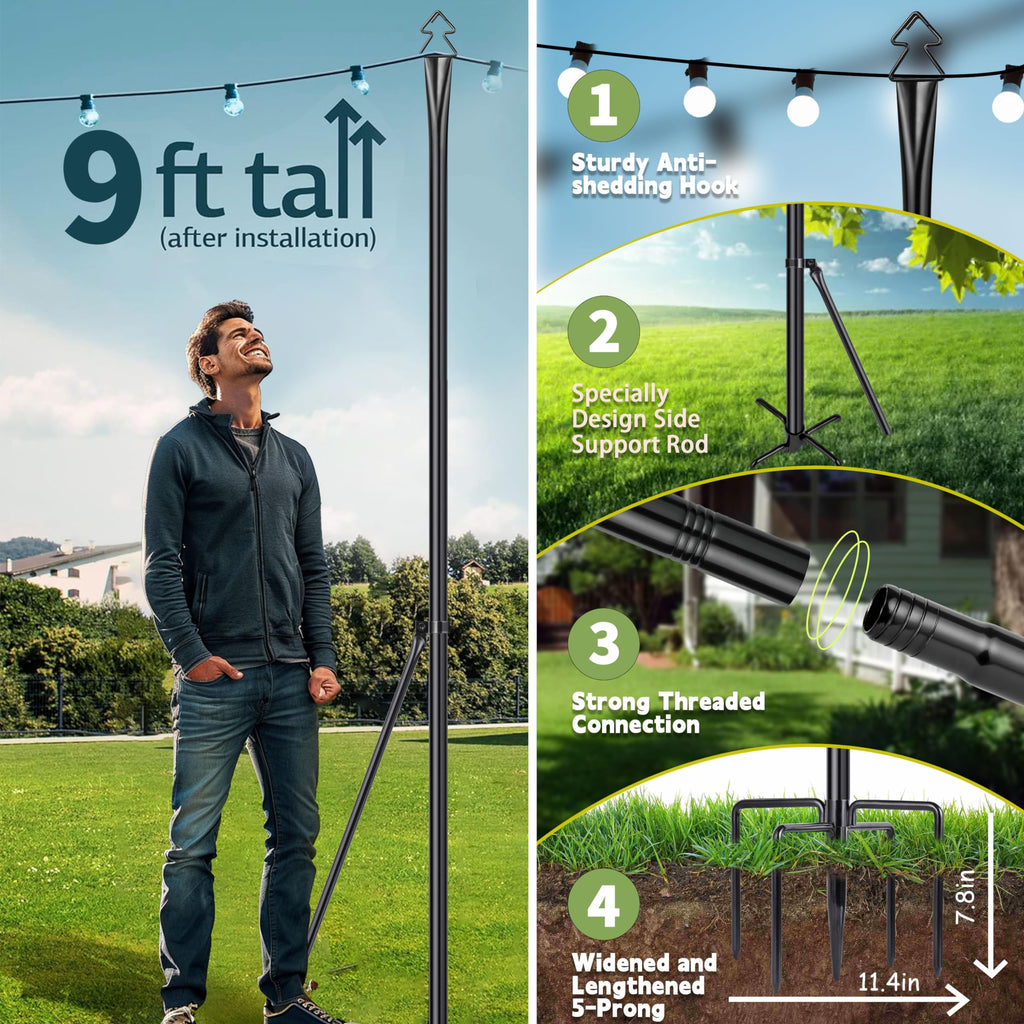 XDW-GIFTS String Light Pole - Steel Poles for Outdoor String Lights Hanging, Garden, Backyard, Patio Lighting Stand for Parties, Christmas, Wedding, 2 Pack