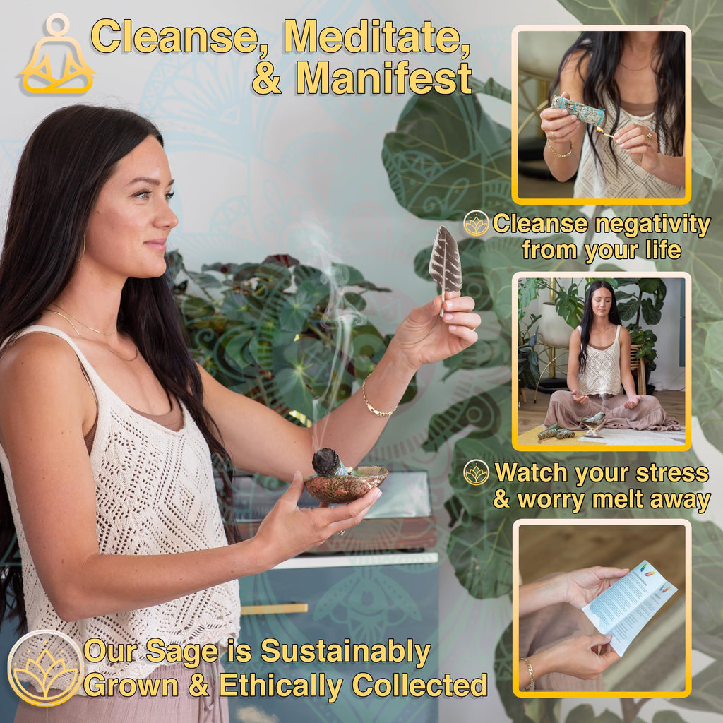 Sage Variety Smudge Kit - White Sage, Blue Sage, Cedar, Juniper, Yerba Santa, Palo Santo, Rosemary, Abalone Shell, Stand, Feather & Instructions | Smudging Kit, Sage Bundle, Smoke Cleanse