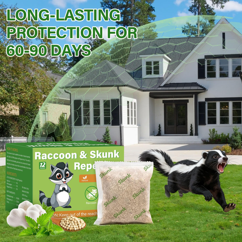 12 Pack Peppermint Skunk Repellent Pouches, Natural Raccoon Repellent Pouch Keep Skunks Out from Outdoor Yard Attic Garden House, Long-Lasting Protection, Safe for Dogs and Children