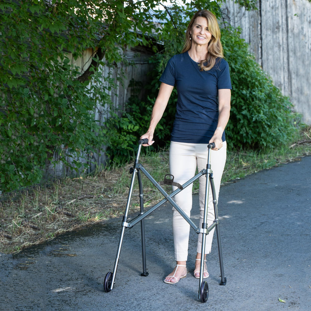 Able Life Space Saver Walker Lite w/Wheels, Lightweight Folding Walker for Adults, Seniors, and Elderly, Collapsible Travel Walker, Ski Glides for Mobility Support, Compact, Black Walnut
