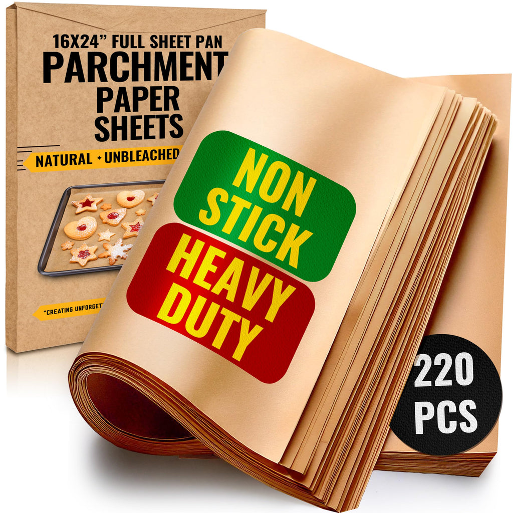 [220 Sheets] Full Sheet Pan 16 x 24 Inch Parchment Paper Baking Sheets by Baker’s Signature | Precut Silicone Coated & Unbleached – Will Not Curl or Burn – Non-Toxic & Comes in Convenient Packaging