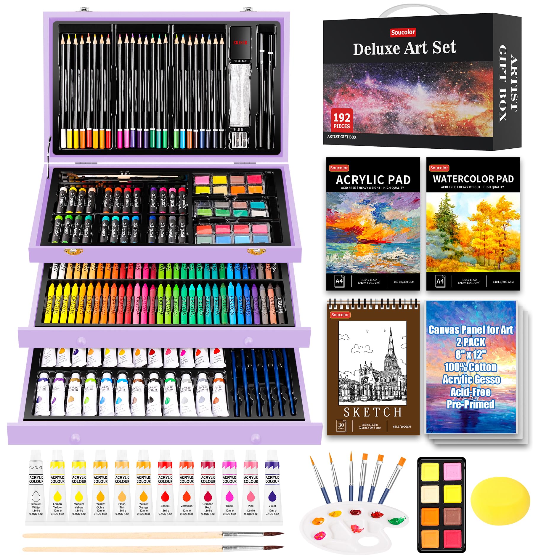 Soucolor Birthday Gifts, Art Supplies, 192-Pack Deluxe Art Set Drawing Painting Supplies Kit with Acrylic Pad, Watercolor Pad, Sketch Book, Canvases, Acrylic Paint, Crayons, Pencils