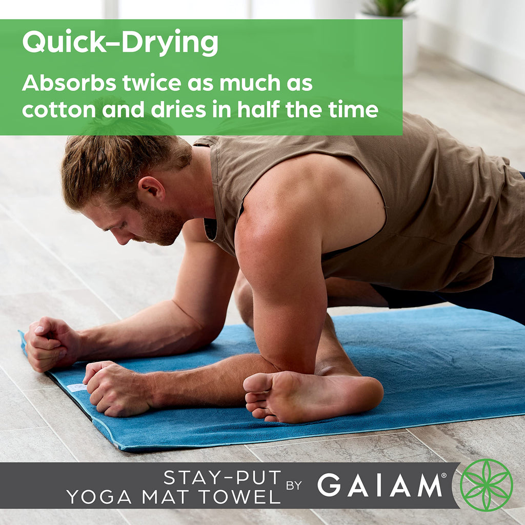 Gaiam Stay Put Yoga Towel Mat (Fits Over Standard Size - 68"L x 24"W), Lake, Large