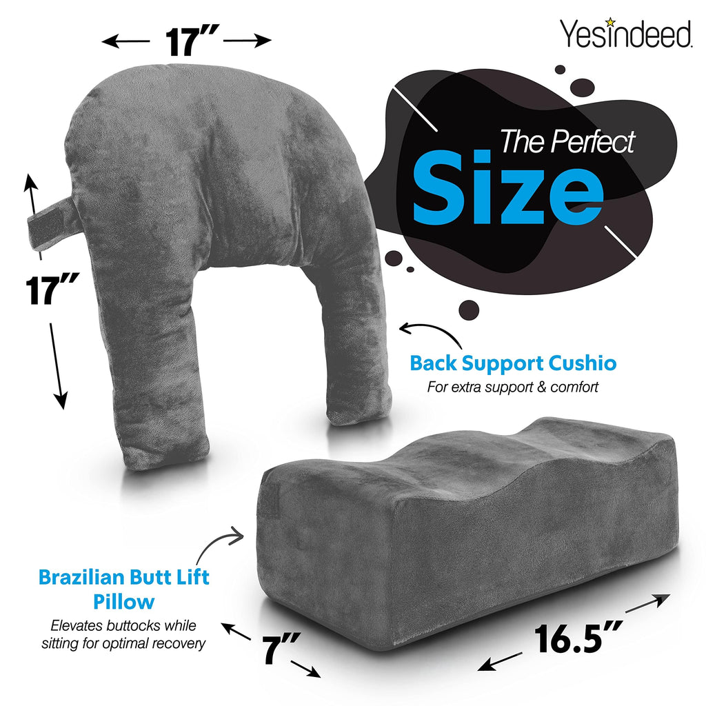 Brazilian Butt Lift Pillow + Back Support Cushion – Dr. Approved BBL Foam Pillow with Carrying Bag and Back Pillow for Post Surgery Recovery – Comfortable and Firm Butt Support Cushions Set - Grey