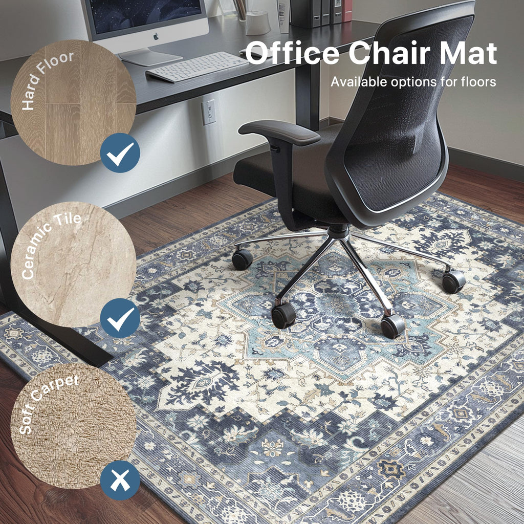 48"x60" Office Chair Mat for Hardwood Tile Floor, Under Desk Carpet Protector for Rolling Computer Chair Mat, Machine Washable Area Rug, Anti-Slip 1/5" Thick Low Pile Thin Vinyl Floor Mat, Navy