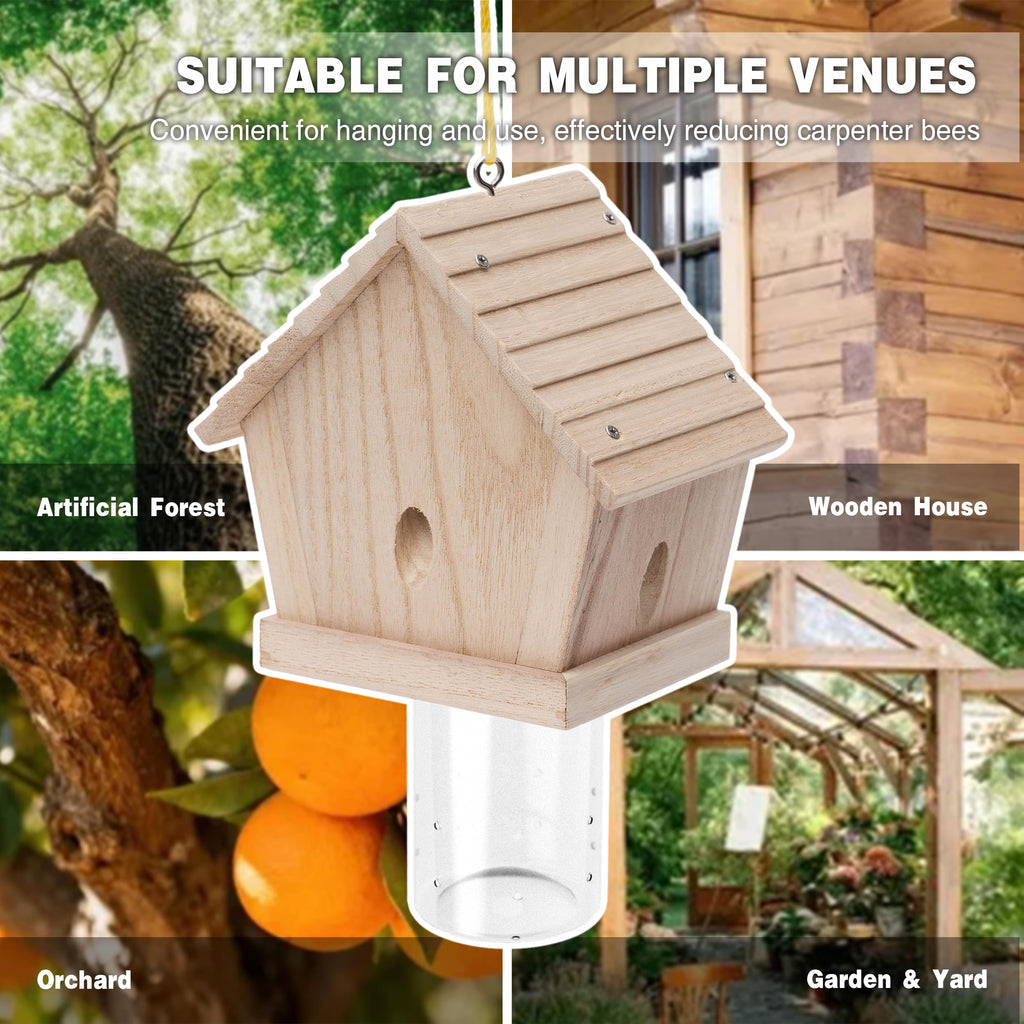 GRTRE 1 Pack Wood Carpenter Bee Trap for Outside - Best Bee Trap - Wood Boring Bee Trap- Nature Chalet Style Carpenter Bee Traps Outdoor Hanging - Insect Traps Removes Carpenter bee
