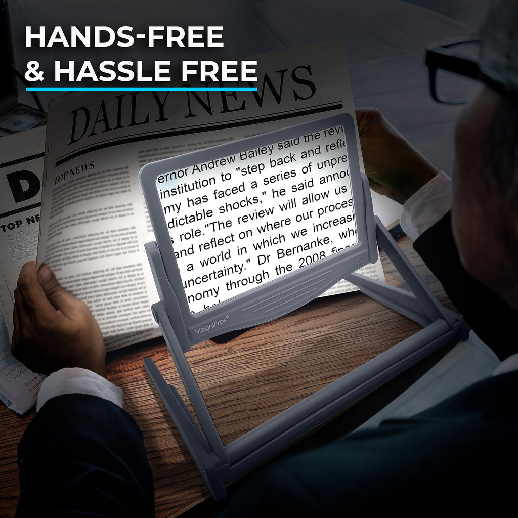 MAGNIPROS 5X Large LED Full Page Magnifying Glass with Detachable Hands-Free Stand & 3 Color Lighting Modes to Reduce Eye Strain, Ideal for Reading Small Print, Crafting, Low Vision & Seniors