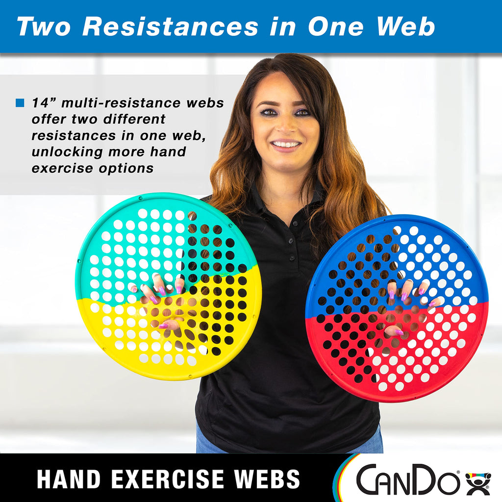 CanDo Hand Exercise Webs for Physical Therapy, Grip Strengthening, and Hand, Finger, Wrist Resistance Workouts, Portable Size, Low Powder, 14" Diameter, Multi-Resistance: X-Light/Medium