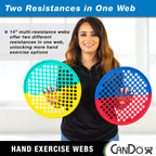 CanDo Hand Exercise Webs for Physical Therapy, Grip Strengthening, and Hand, Finger, Wrist Resistance Workouts, Portable Size, Low Powder, 14" Diameter, Multi-Resistance: X-Light/Medium
