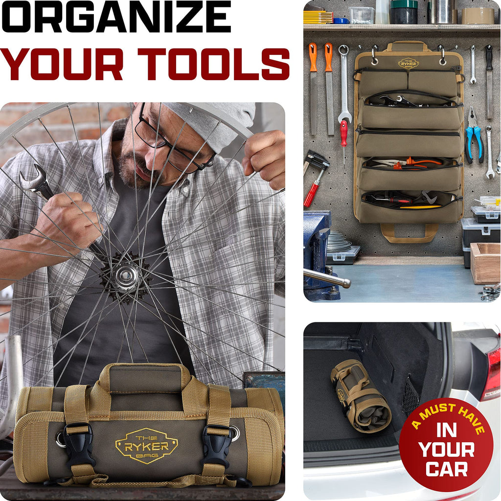 The Ryker Roll Up Tool Bag Organizer Gifts for Dad. Heavy Duty Motorcycle Tool Roll Bag Organizer. Portable Rollup Toolbag w/Detachable Pouches - Tools Bags Mens gifts for him - Mechanic & Electrician