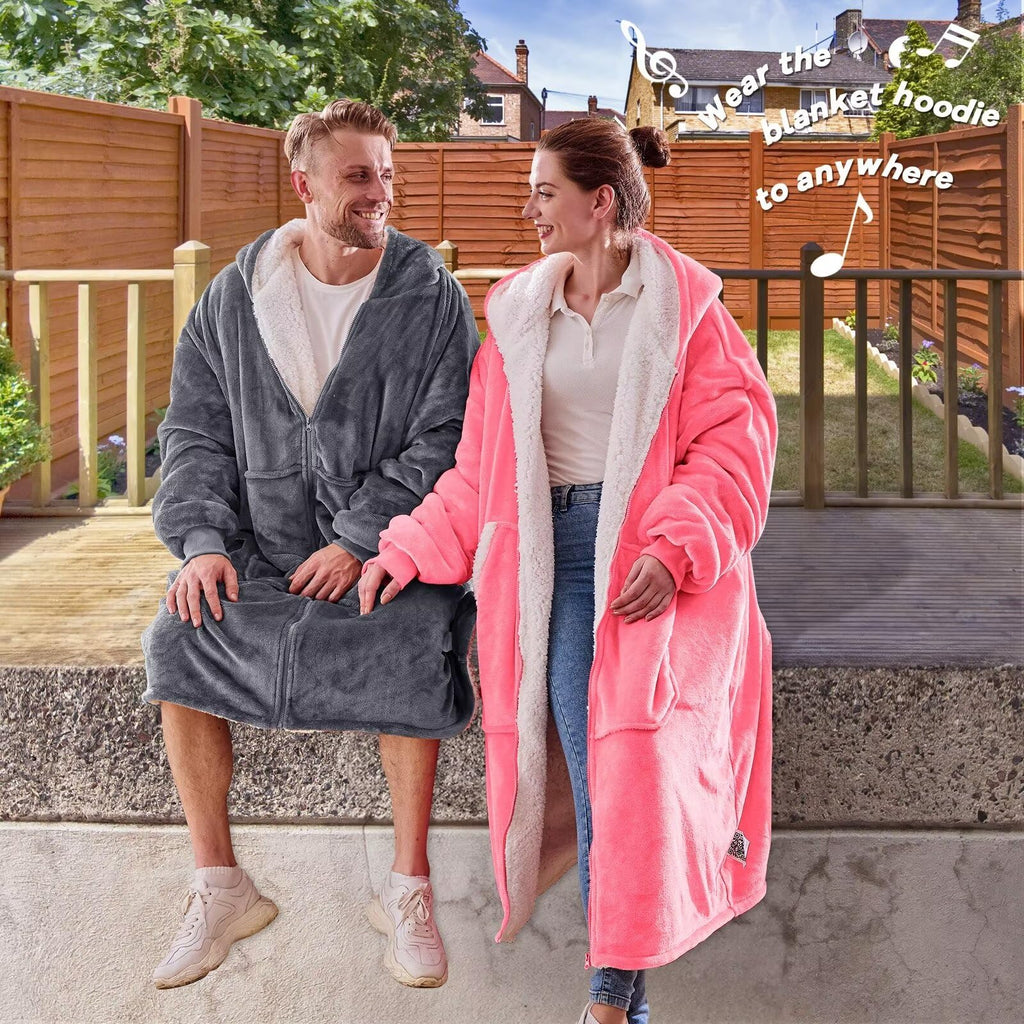 JOYWOO Oversized Wearable Blanket Hoodie, Long Hooded Blanket for Adult, Birthday Christmas Gifts for Women Men, Cozy Sherpa Sweatshirt Blanket with Giant Pocke Zipper and Winter Gifts,Grey