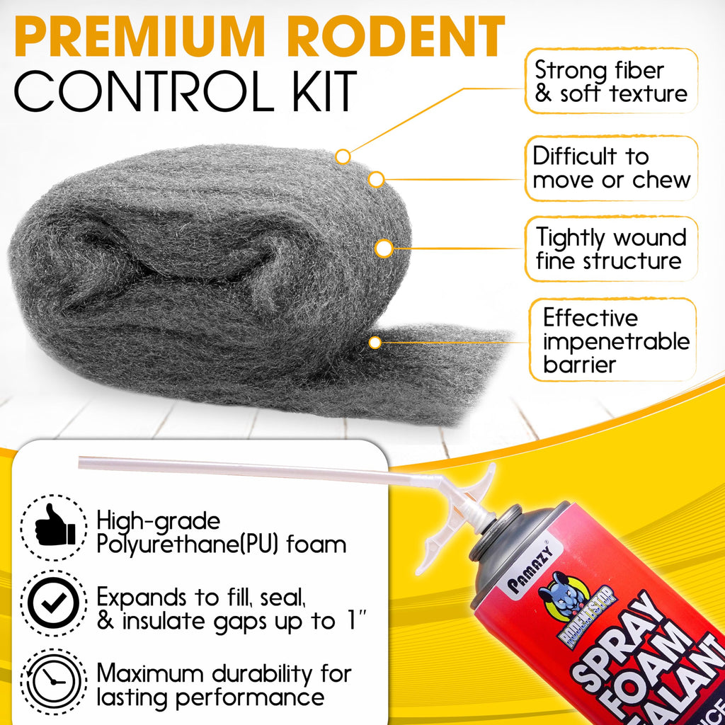 [Upgraded] Rodent Barrier Kit, Steel Wool Included PU Spray Foam Hole Filler for Mice Control 3.2"x7.5’ Rodent Control Fill Fabric, Gloves, Scissors,Gap Blocker in Hole Pipeline Vent in House, Garage
