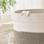 KAKAMAY Large Blanket Basket (20"x13"),Woven Baskets for storage Baby Laundry Hamper, Cotton Rope Blanket Basket for Living Room, Laundry, Nursery, Pillows, Baby Toy chest (White/Beige)