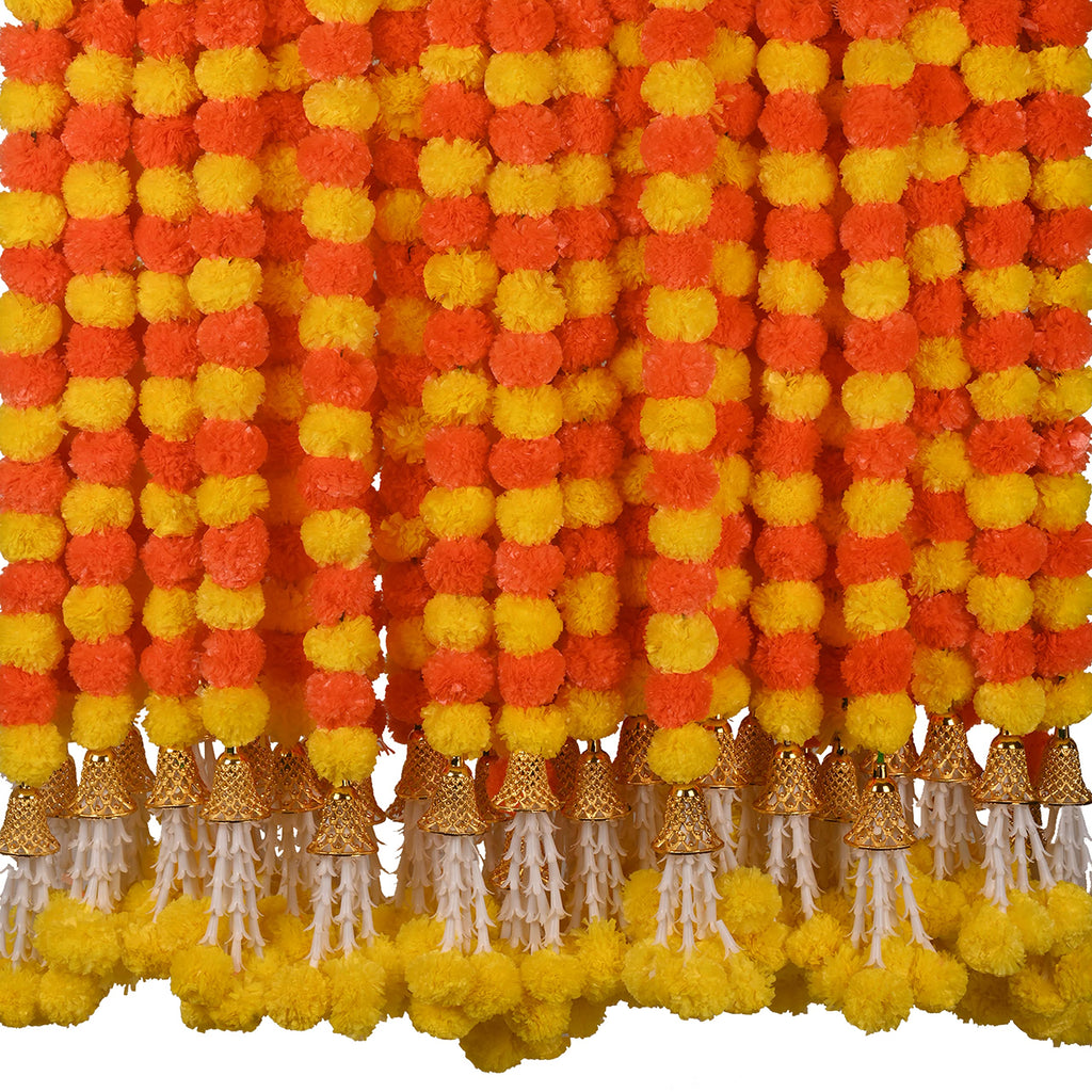 DIYANA IMPEX Marigold Garland for Decoration 5 Pcs of 5 feet Long Strands Artificial Marigold Flowers with Bell, Indian Décor for Pooja/Diwali Decorations/Christmas (Yellow) (Orange + Yellow)