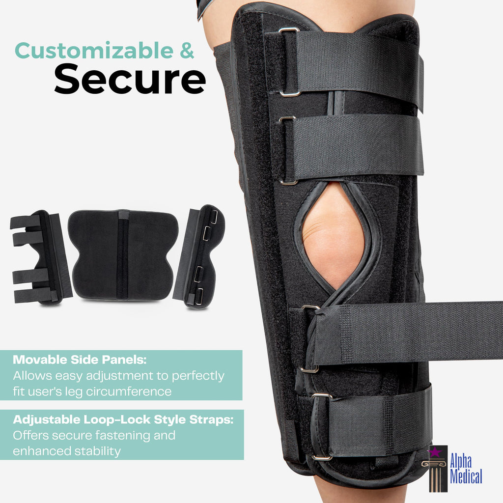 Alpha Medical 14” Long Adjustable Three Panel Orthopedic Knee Immobilizer – Supportive & Adjustable Side Panels – Knee Brace Stabilizer – Knee Immobilization L1830