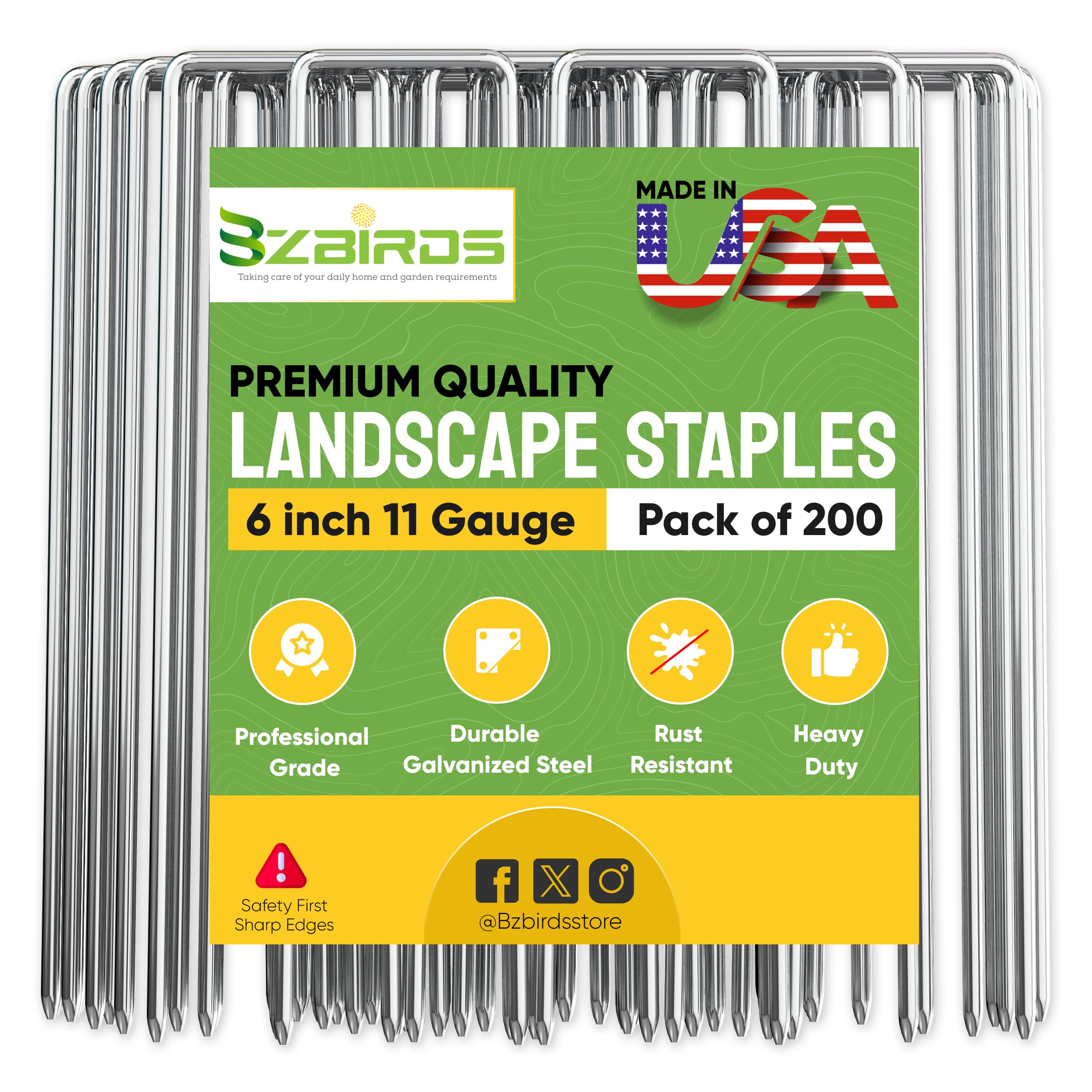 BzBirds USA Made 200 Pack Landscape Staples 6 inch 11 Gauge Garden Stakes Galvanized SOD Pins | Lawn Stakes for Weed Barrier Fabric Ground Cover Holding Fence Christmas Decorations Irrigation Tubing