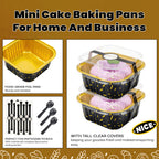 NPLUX 50 Pack Mini Cake Pans with Lids and Spoons Aluminum Foil Pans Square Cake Tins for Bakery Party Wedding (Black Gold Spot,5 oz)
