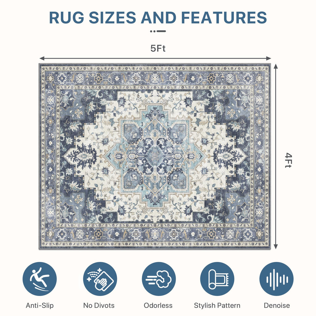 48"x60" Office Chair Mat for Hardwood Tile Floor, Under Desk Carpet Protector for Rolling Computer Chair Mat, Machine Washable Area Rug, Anti-Slip 1/5" Thick Low Pile Thin Vinyl Floor Mat, Navy