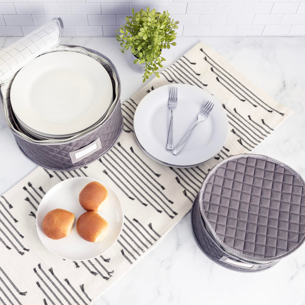 Fine China Storage - Set of 4 Quilted Cases for Dinnerware Storage. Sizes: 12" - 10" - 8" and 7" Wide - Gray - 48 Felt Plate Separators Included