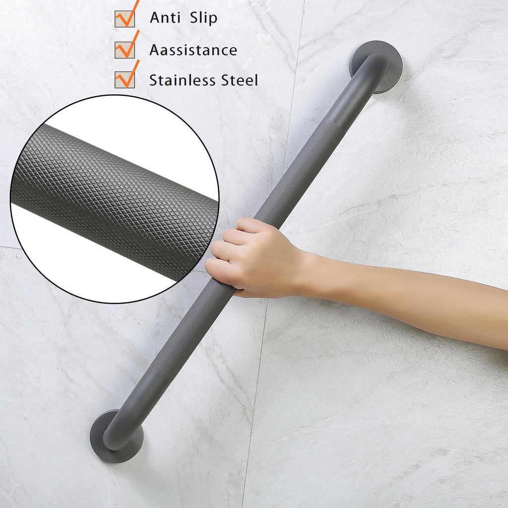 Rackickyer Shower Grab Bar, 2 Pack 32 Inch Gray Bathroom Grab Bar, 1.25" Diameter 304 Stainless Steel Anti-Slip Grab Bars for Bathtubs and Showers, Handicap Shower Grab Bar for Seniors Elderly