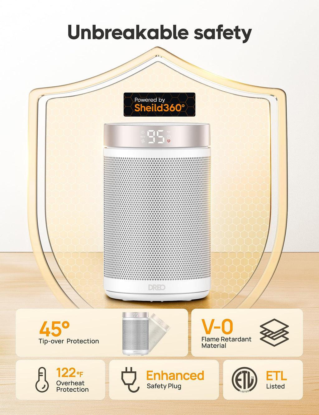 Dreo Space Heaters for Indoor Use, Portable Heater with Thermostat, 1-12H Timer, Eco Mode and Fan Mode, 1500W PTC Ceramic Fast Safety Heat for Office Bedroom Home, White, Without Remote