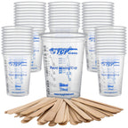 TCP Global 10 oz. (300ml) Graduated Plastic Mixing Cups - Box of 50 with 50 Mixing Sticks - Disposable Plastic Measuring Cups for Liquids, Paints, Resin, Epoxy, Art, Kitchen - Ratios 2-1, 3-1, 4-1 ML